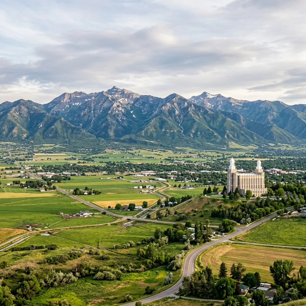 Logan, Utah valley landscape with the Logan Utah Temple on a hill
