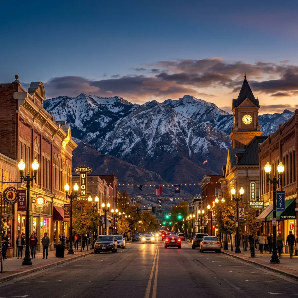 Ogden, Utah historic 25th Street at dusk with mountains behind