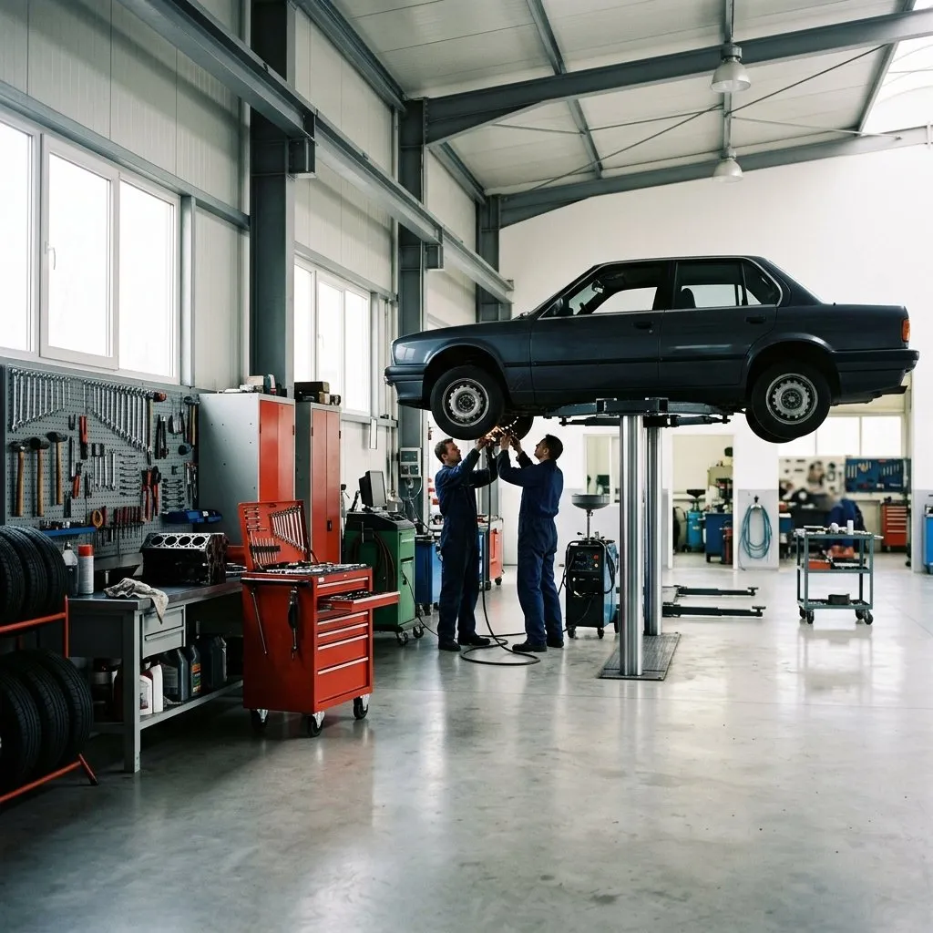 Professional auto repair garage scene with tools and vehicle silhouette