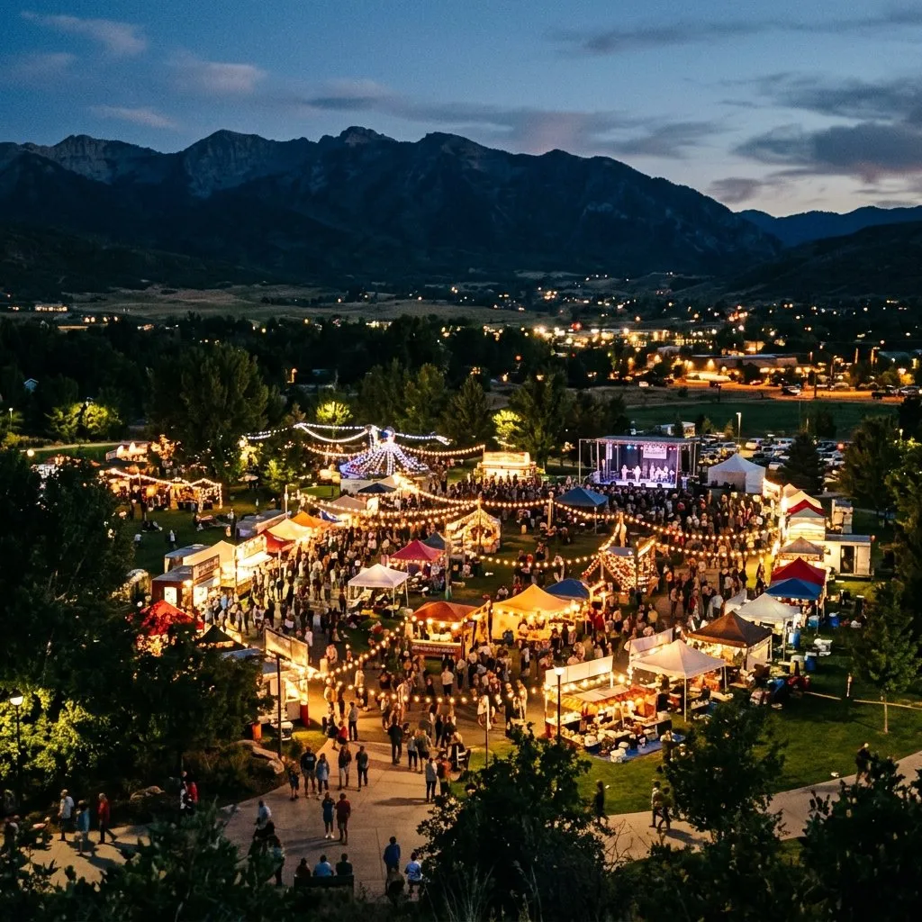Utah community event with lights, booths, and festive atmosphere