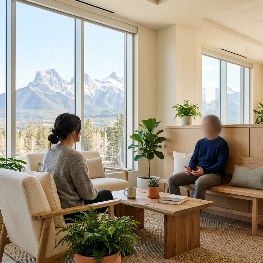 Calm bright wellness setting with clean professional atmosphere and mountain light