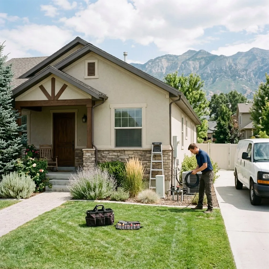 Clean Utah home exterior with professional service tools in natural light