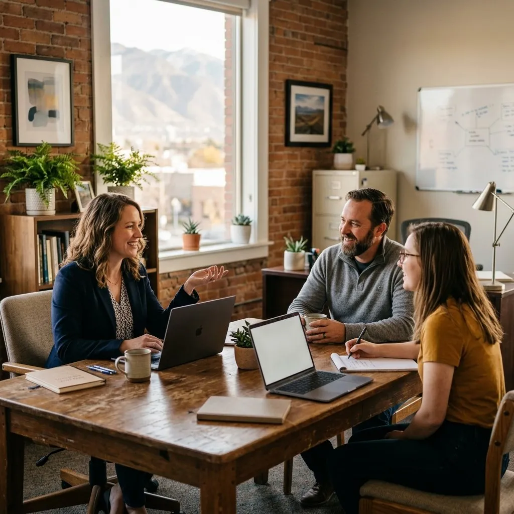 Professional office scene with warm Utah light, desk, and laptop