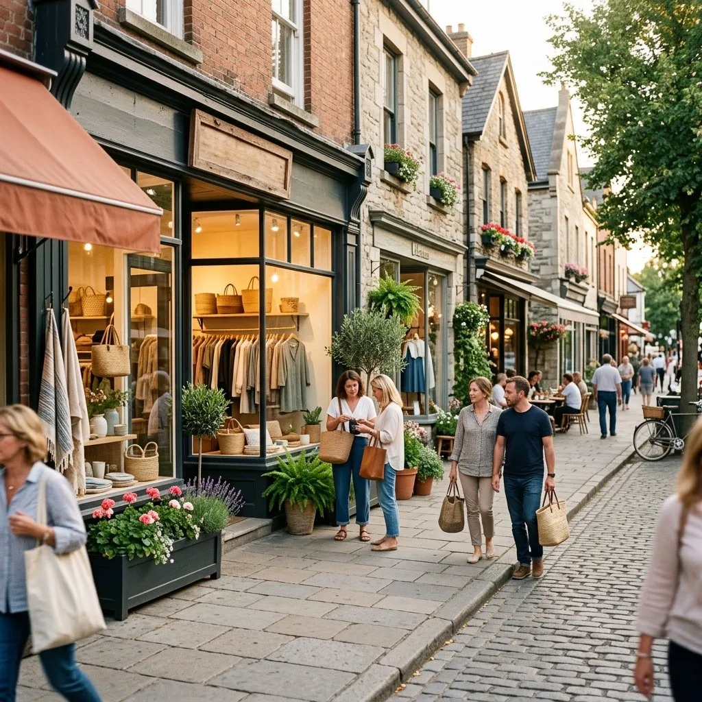 Local main-street boutique shopping scene with warm natural light
