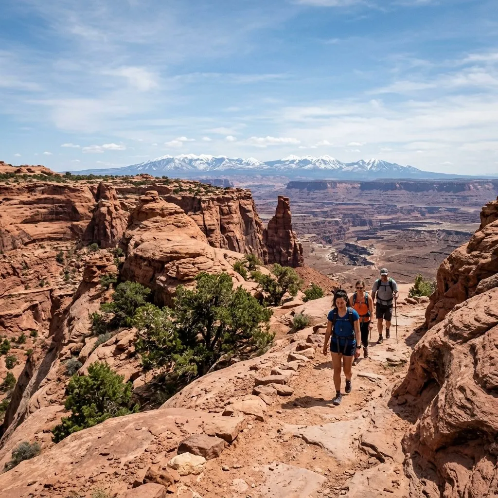Utah outdoor recreation trail with red rock, mountain views, and open sky