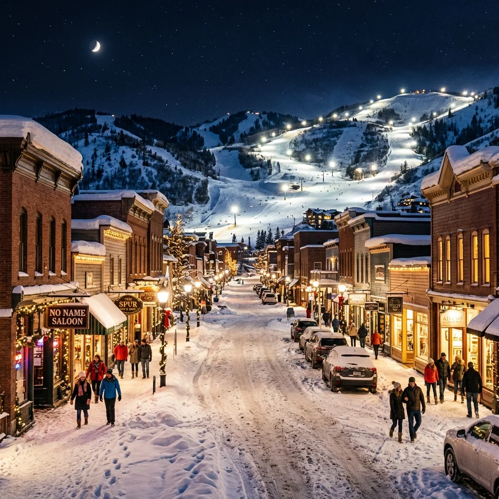 Park City, Utah historic Main Street in winter with snow-covered streets