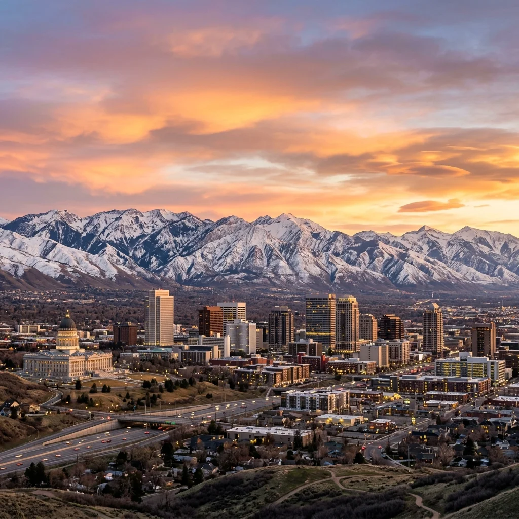 Salt Lake City skyline at sunset with snow-capped Wasatch Mountains
